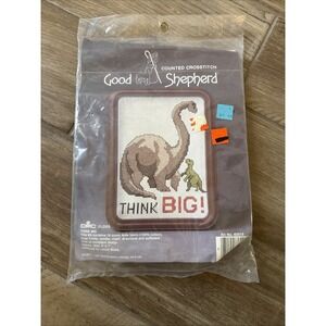 New Good Shepherd Counted Cross Stitch Kit Think Big Dinosaur 1987 #83615 5 x 7